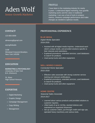 Free  Template: Gray Growth Marketer Simple Resume