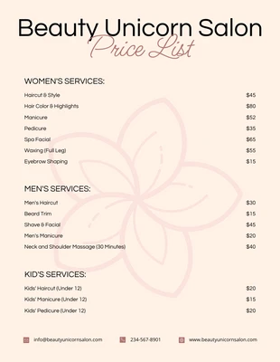 premium  Template: Listas de preços do salão de beleza Elegance Minimalist Peach