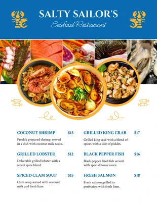 business  Template: Menu de restaurante de frutos do mar com foto moderna branca e azul