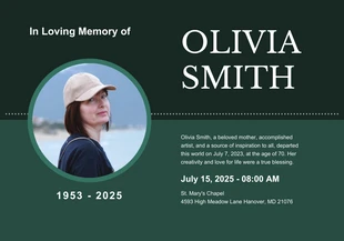 Free  Template: Dark Green Simple Obituary Cards