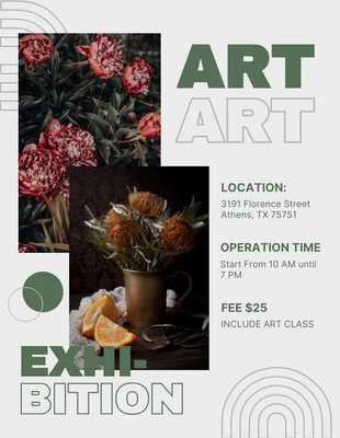 Free  Template: Cartel de evento de exposición de arte moderno clásico gris claro y verde