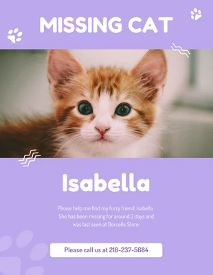 Free  Template: Weiches lilafarbenes Poster für vermisste Katzen