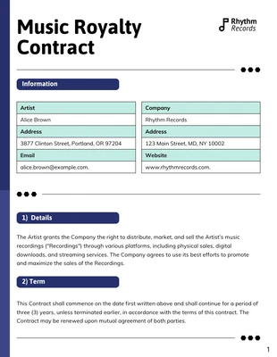 Free  Template: Music Royalty Contract Template