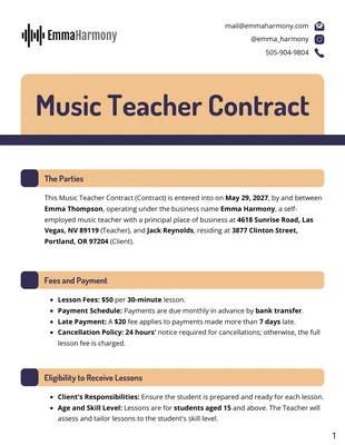 Free  Template: Music Teacher Contract Template