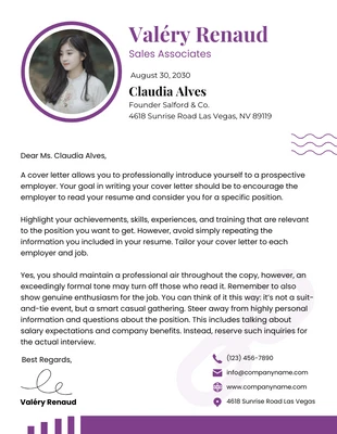 Free  Template: White And Purple Modern Fun Corporate Sales Letter