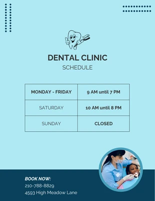 Free  Template: Modèle d'horaire professionnel bleu pour les cliniques dentaires