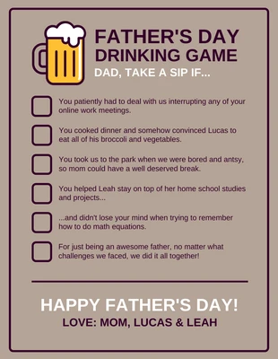 Free  Template: Gioco del bere umoristico Biglietto per la festa del papà