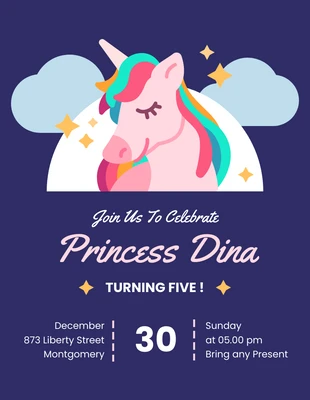 Free  Template: Blu Carino Illustrazione giocosa Principessa Unicorno Invito