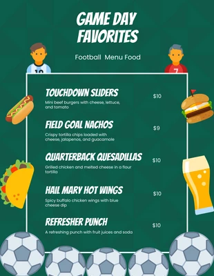 Free  Template: Cartel de menú de comida de fútbol verde