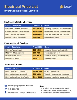 Free  Template: Electrical Price List Template