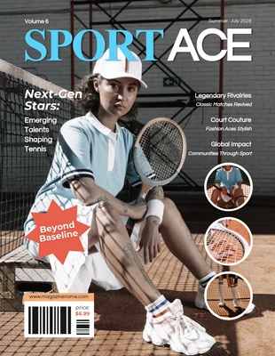 Free  Template: Copertina di una rivista sportiva di tennis blu morbida e moderna