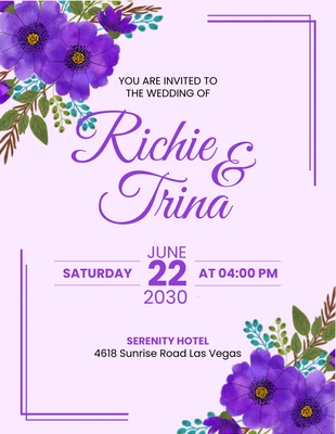 Free  Template: Light Purple Modern Floral Wedding Invitation Flyer