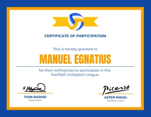 Free  Template: Certificado de esporte de vôlei profissional moderno azul e laranja