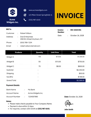 business  Template: Minimalist Blue and Yellow Commercial Invoice