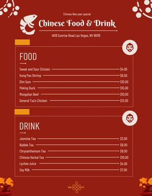 Free  Template: قائمة طعام وشراب استثنائية السنة الصينية الجديدة بسيطة حمراء