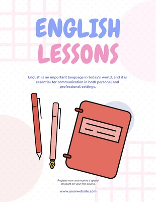 Free  Template: قالب ملصق دروس اللغة الإنجليزية الوردي الناعم