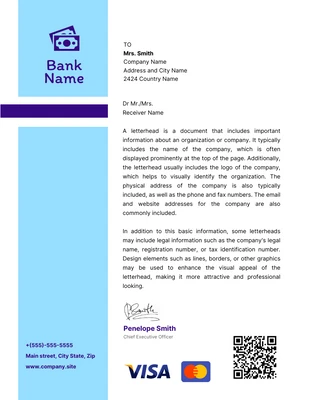 Free  Template: Modello di carta intestata di banca semplice, bianca e azzurra