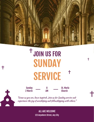 Free  Template: Cartaz de igreja amarelo violeta Modelo de culto de domingo