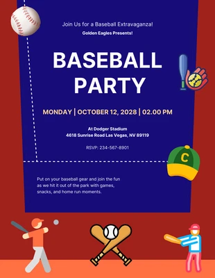 Free  Template: Invitations à une fête de baseball illustrée marron et marine