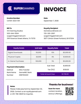 Free  Template: Game Royalty Invoice