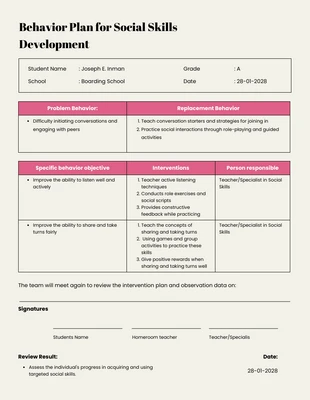 Free  Template: خطة السلوك البيج الوردي لتنمية المهارات الاجتماعية