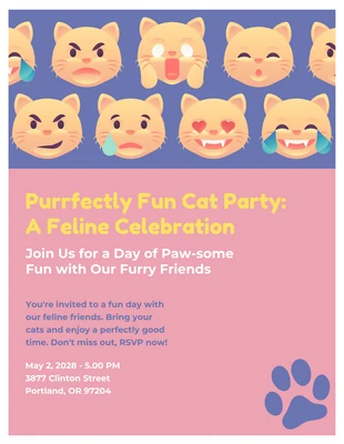 Free  Template: Convite de gato roxo rosa suave Emoji Party
