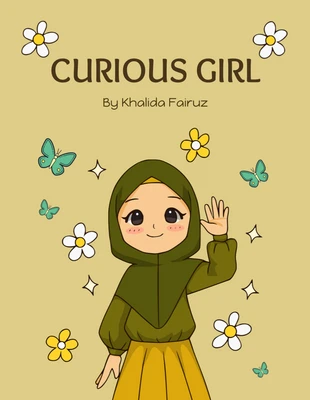 Free  Template: Gelbe verspielte Illustration des neugierigen muslimischen Mädchen-Kinderbucheinbandes