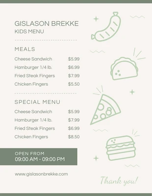 business  Template: قائمة طعام بسيطة باللونين البيج والأخضر للأطفال