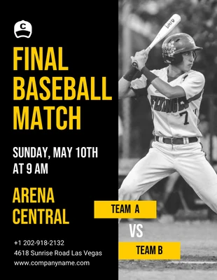 Free  Template: Flyer pour le match de baseball noir et jaune