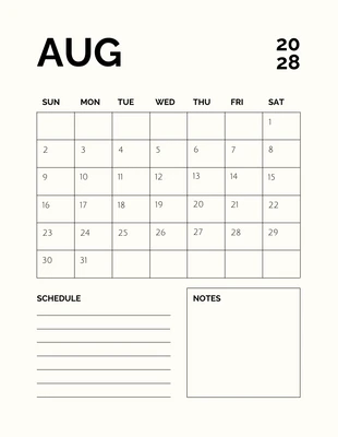 Free  Template: Modern Minimalist Black and White Monthly Calendar Schedule Template