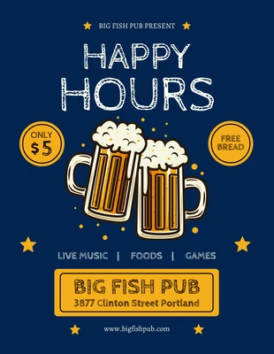 Free  Template: Blauer moderner Illustrationsflyer „Happy Hours“.