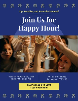 Free  Template: Convite Simples Happy Hour Azul e Amarelo