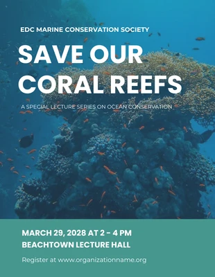 Free  Template: Pôster de proteção ambiental com foto de recife de coral em azul-petróleo e branco