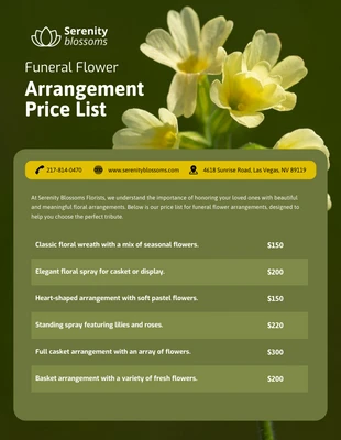 Free  Template: Plantilla de lista de precios para arreglos florales para funerales