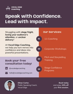 Free accessible Template: Modelo de folheto de marketing para coaching de oratória