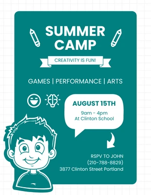 Free  Template: ملصق للأطفال باللون الأبيض والأخضر لطيف للتوضيح في المخيم الصيفي