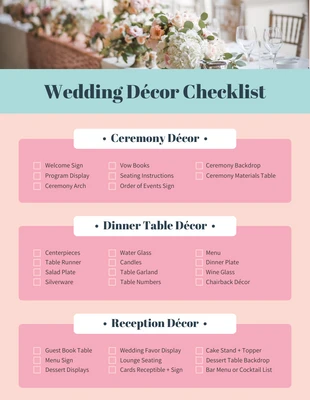 premium  Template: Lista di controllo delle decorazioni per matrimonio in rosa