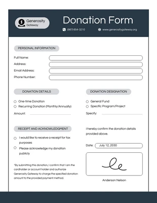 Free  Template: Simple White and Dark Blue Donation Form