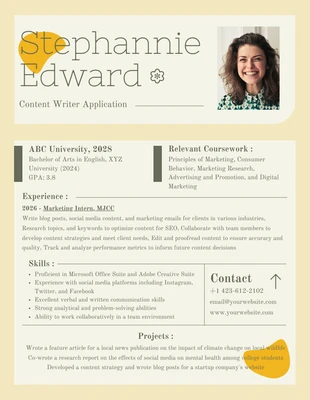 Content Writer Simple Resume Template