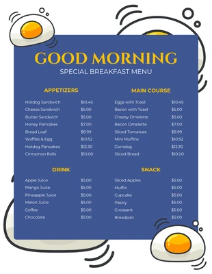 Free  Template: Menu de café da manhã de ilustração minimalista branca e azul