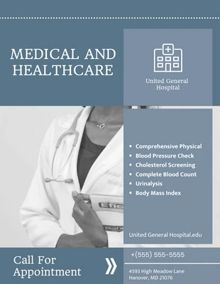 Free  Template: Modelo de folheto de programação de check-up cinza de hospital