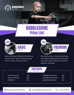 Free  Template: Liste de prix de lavage de voiture violet foncé moderne