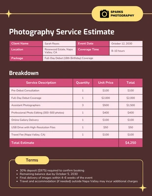 Free  Template: Photography Service Estimate Table Chart Template