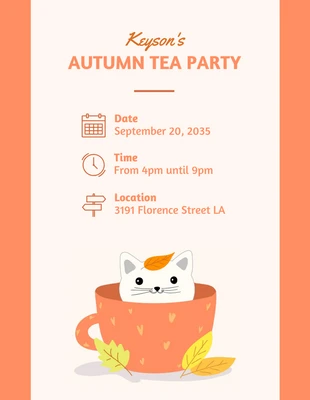 Free  Template: Convite para festa de chá de outono de gato com ilustração simples e fofa em laranja