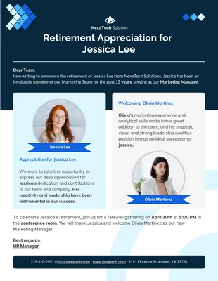 Free  Template: E-Mail-Newsletter zur Wertschätzung bei Ruhestand