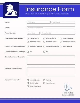 Free  Template: Formulários modernos de seguro azul Royal