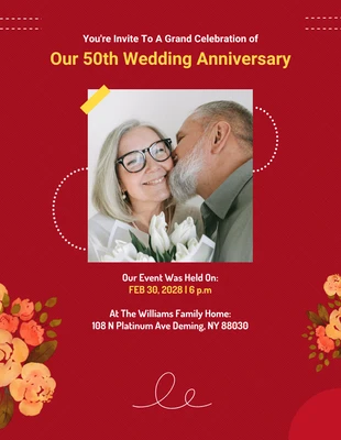 Free  Template: Einladungen zum 50. Hochzeitstag mit roter Blume und großer Feier