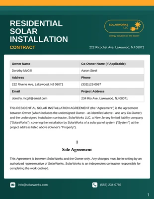 Free  Template: Plantilla de contrato de instalación solar residencial