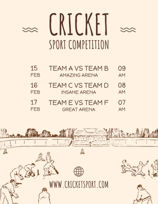 Free  Template: Plantilla de calendario de competición deportiva de cricket retro marrón claro