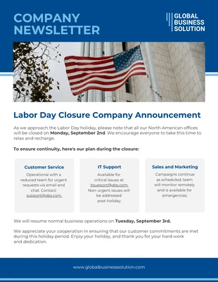 Free  Template: Newsletter via e-mail sulla chiusura operativa del Labor Day